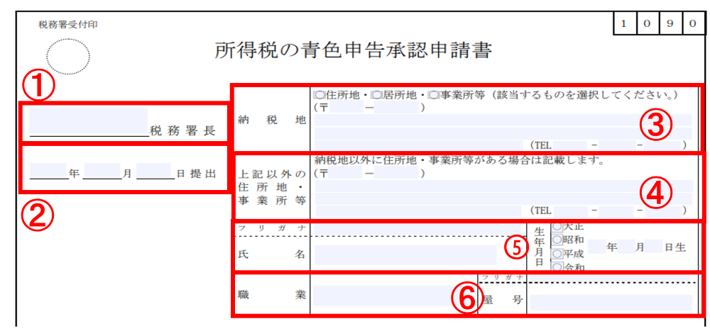 所得税の青色申告承認申請書の前半